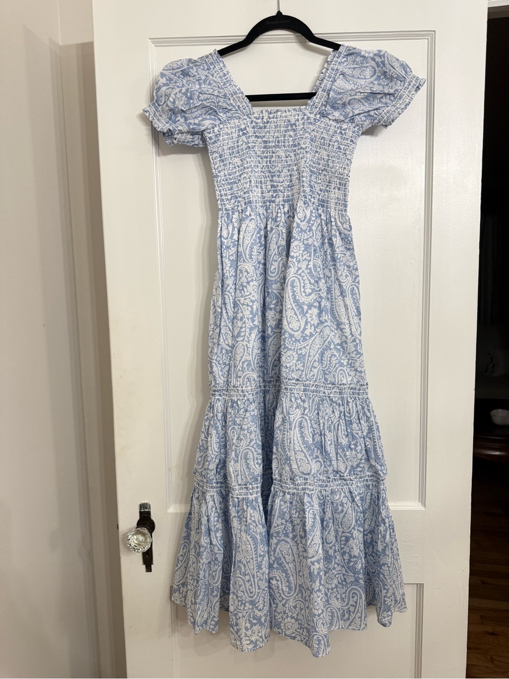 o.p.t. Square Neck Smocked Maxi Dress Blue Paisley Print Cotton Puff Sleeve XS - Picture 6 of 11